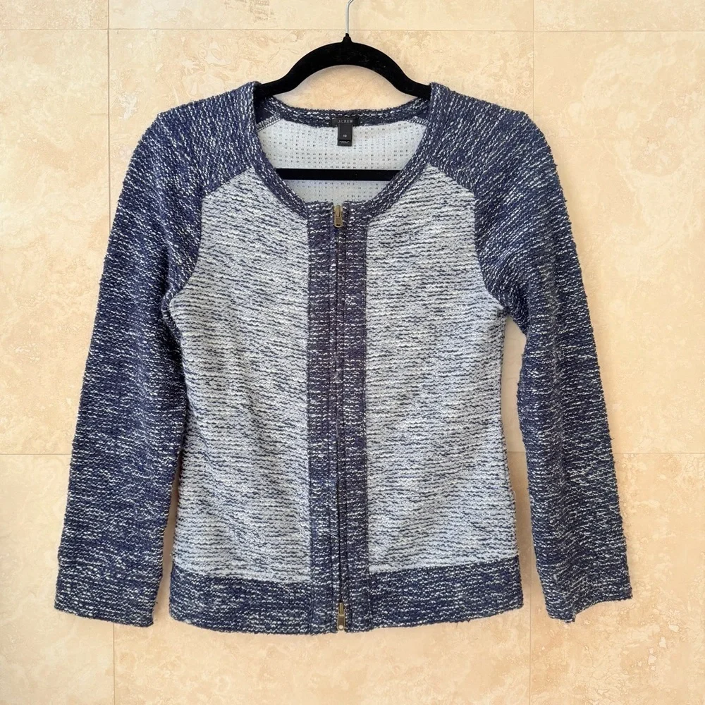 J.Crew Zip Front Sweater Womens XS Blue Textured Knit Lightweight